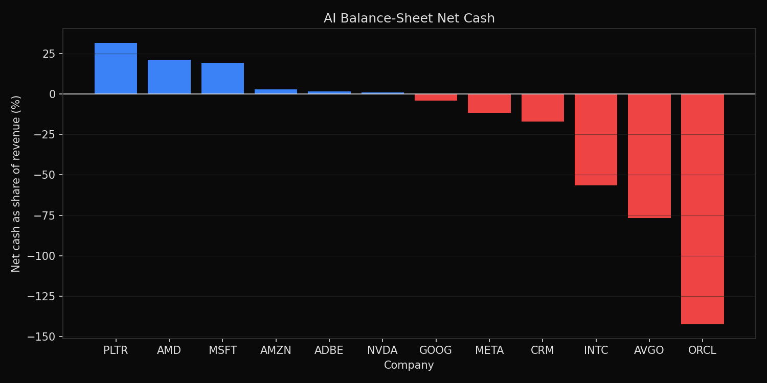 Net cash as a share of revenue for AI platform, software, and semiconductor stocks